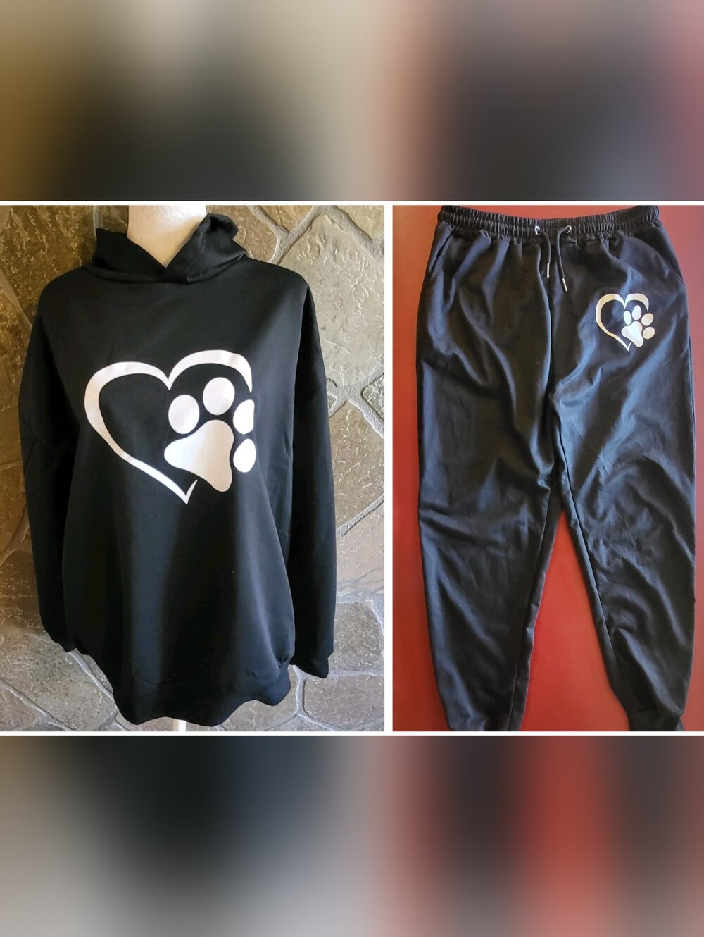Women's Animal Paw Print Heart Black Sweatshirt XXL Hoodie And Pants Cat Dog